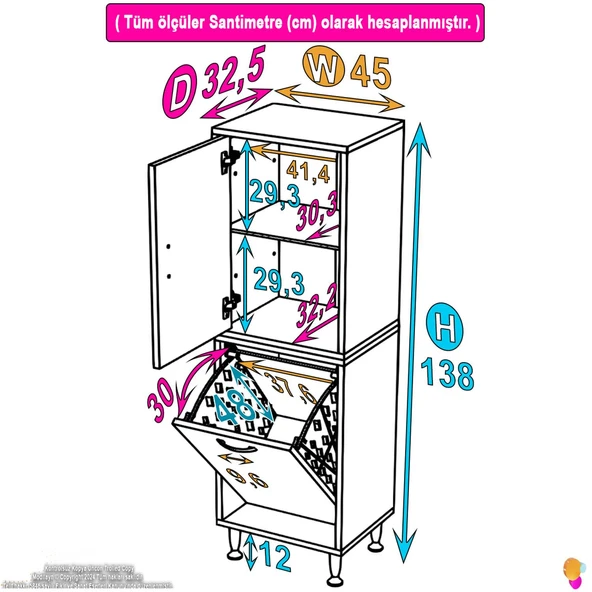 Modilayn İLKİM 45 x 138 x 32,5 cm' lik Kapak İçi Çift Raflı, Tek Göz Akıllı Çamaşır Sepetli Dolap - Resim 4