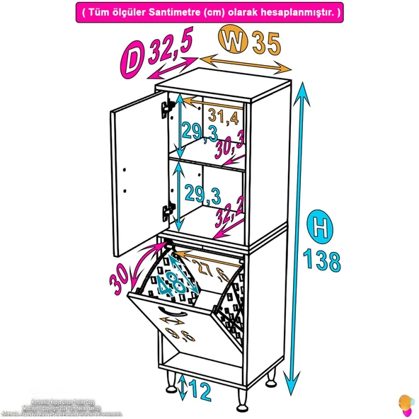 Modilayn İLKİM 35 x 138 x 32,5 cm' lik Kapak İçi Çift Raflı, Tek Göz Akıllı Çamaşır Sepetli Dolap - 4