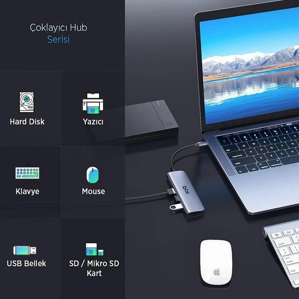 Bix BX07HB 5in1 Type-C Hub 4x USB 3.0, PD Şarj Macbook Uyumlu Çoklayıcı Adaptör - Resim 6