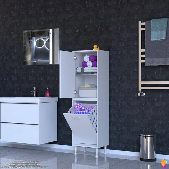Modilayn İLKİM 35 x 138 x 32,5 cm' lik Kapak İçi Çift Raflı, Tek Göz Akıllı Çamaşır Sepetli Dolap - 8