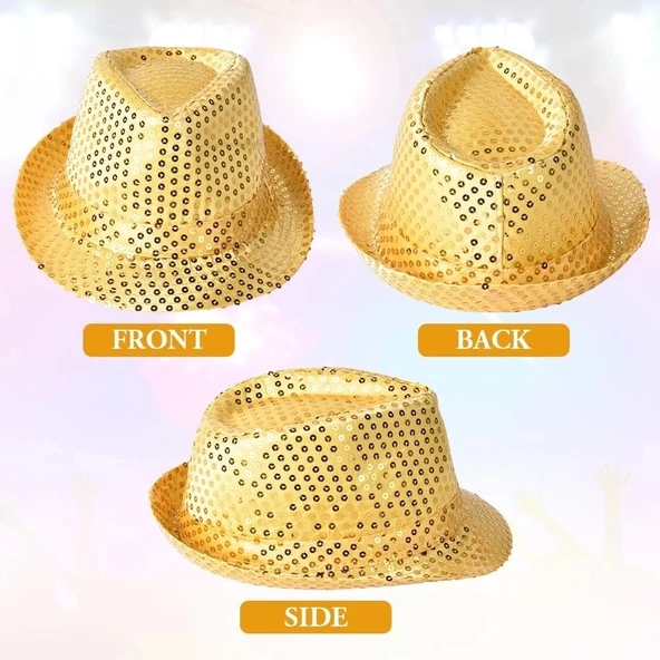 Disko Star Altın Gold Payetli Fötr Şapka Yetişkin Boy - 2