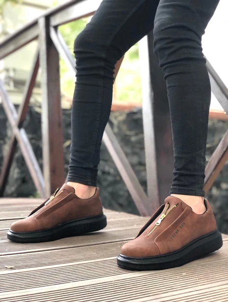 ET0310 Kalın Yüksek Taban Fermuarlı Taba Siyah Erkek Ayakkabı ürün görseli