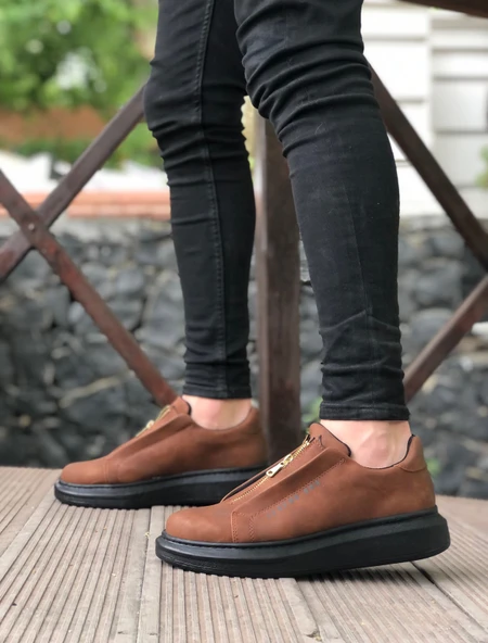 ET0310 Kalın Yüksek Taban Fermuarlı Taba Siyah Erkek Ayakkabı - Resim 2