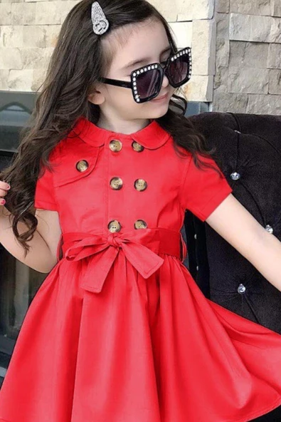 Kız Çocuk Önü Düğmeli Ve Beli Kuşaklı Kırmızı Elbise - 2