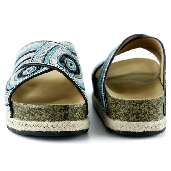 Erkan Saçmacı Siyah Turkuaz Boncuklu Çapraz Bantlı Kristal Taşlı Mantar Taban Görünümlü Terlik - 3