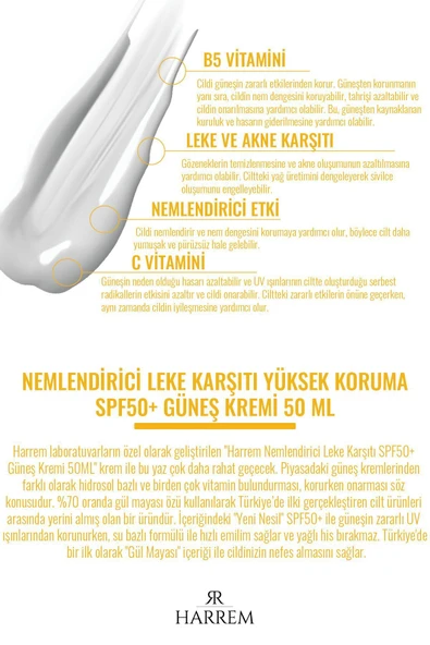 Harrem Leke Karşıtı Aydınlatıcı & Spf50 Yüksek Koruma, Gül Mayası Özlü, Nemlendirici Güneş Kremi 50ml - 2