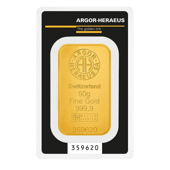 AgaKulche Argor Heraeus 50 gr Kinebar 24 Ayar 999.9 Külçe Altın