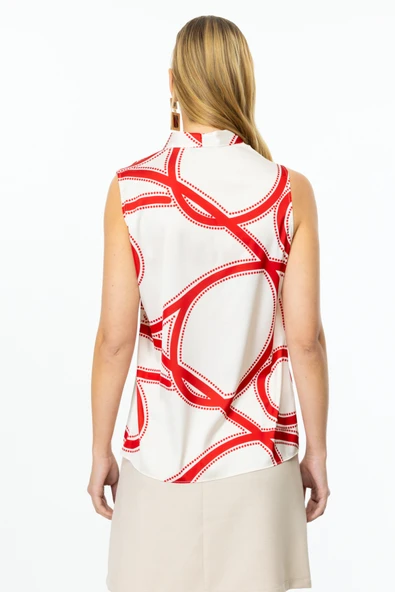 Ekol V Yaka Kolsuz Desenli Saten Kadın Bluz 25YEKL03064 - 6