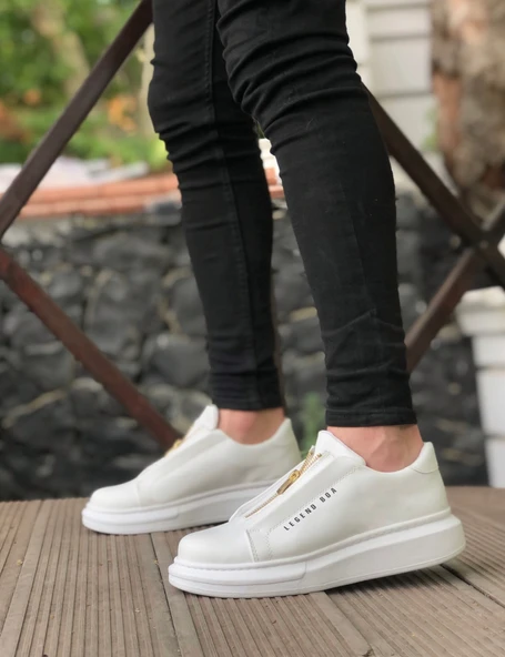 ET0310 Kalın Yüksek Taban Fermuarlı Beyaz Erkek Ayakkabı - Resim 2