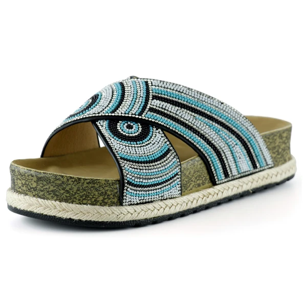 Erkan Saçmacı Siyah Turkuaz Boncuklu Çapraz Bantlı Kristal Taşlı Mantar Taban Görünümlü Terlik