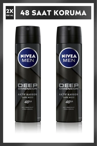 NIVEA MEN Erkek Sprey Deodorant Deep Dimension Aktif Karbon 150ml, 72 Saat Anti-perspirant Koruma, X2 Adet