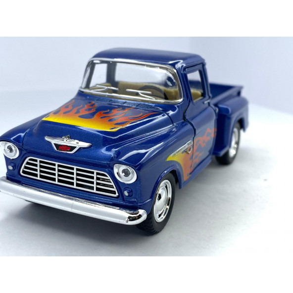 1955 Chevy Stepside Pick-Up (Alev Desenli)-Çek bırak 5inch. Lisanslı Model Araba, Oyuncak Araba 1:32