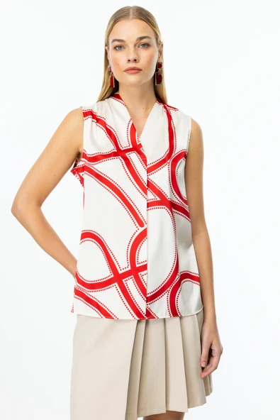 Ekol V Yaka Kolsuz Desenli Saten Kadın Bluz 25YEKL03064 - 4