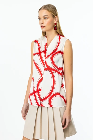 Ekol V Yaka Kolsuz Desenli Saten Kadın Bluz 25YEKL03064 - 5