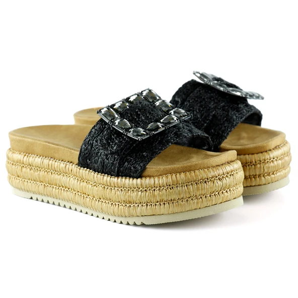 Erkan Saçmacı Siyah Sabit Tek Bant Kristal Taş Süslemeli Hasır Dokulu Dolgu Topuklu Terlik - 4