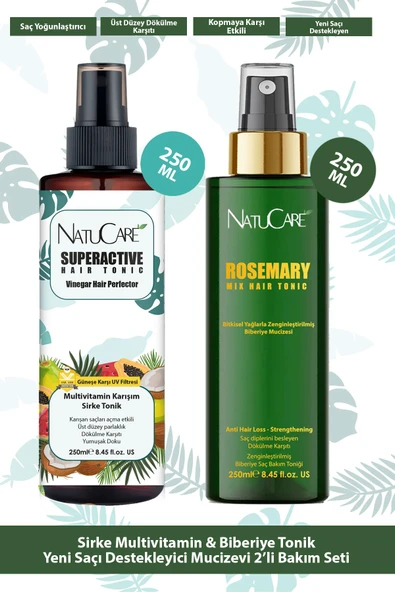 NatuCare Sirke Multivitamin Tonik ve Biberiye Tonik Saç Yoğunlaştırıcı 2'li Bakım Seti