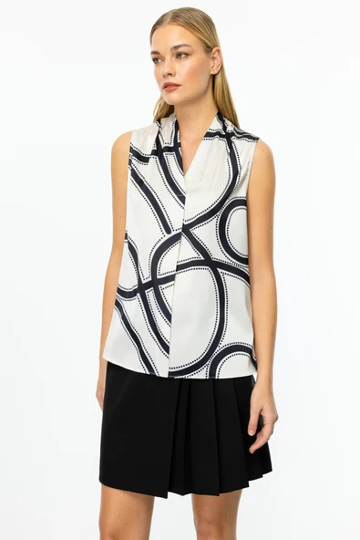 Ekol V Yaka Kolsuz Desenli Saten Kadın Bluz 25YEKL03064 - 2