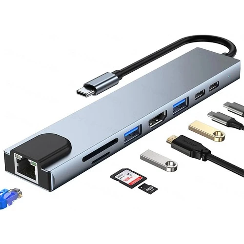 Shaza 8in1 USB Type-C Hub Port Adaptör HDMI USB Ethernet Pd Girişli