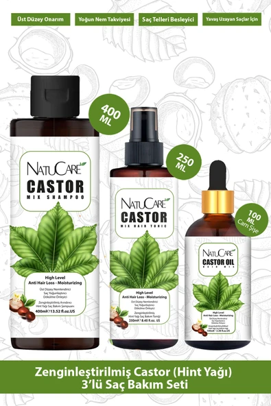 NatuCare Zenginleştirilmiş Castor (Hint Yağı) 3'lü Saç Bakım Seti