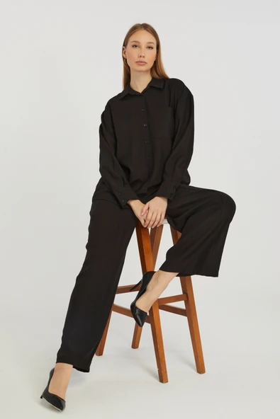 Kadın Siyah Casual Oversize/Geniş Kalıp Gömlek
