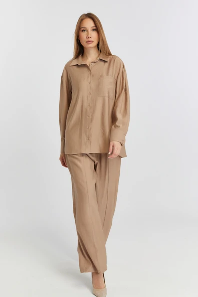 Kadın Camel Casual Oversize/Geniş Kalıp Gömlek - 6