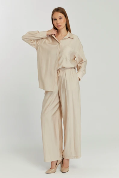 Kadın Bej Casual Oversize/Geniş Kalıp Gömlek - 7