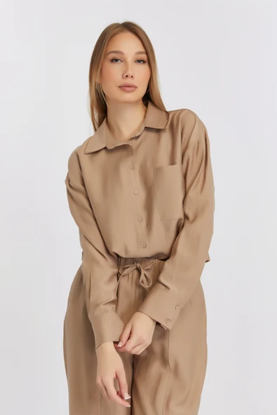 Kadın Camel Casual Oversize/Geniş Kalıp Gömlek - 3