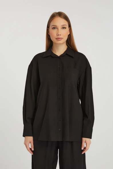 Kadın Siyah Casual Oversize/Geniş Kalıp Gömlek - 3