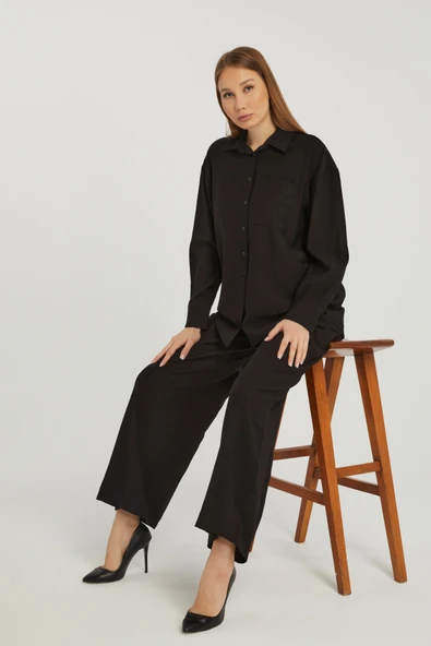 Kadın Siyah Casual Oversize/Geniş Kalıp Gömlek - 2