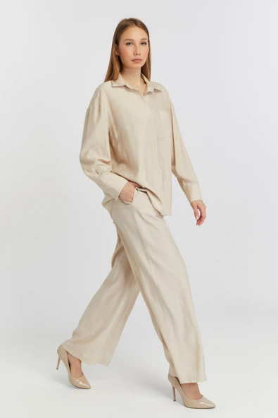 Kadın Bej Casual Oversize/Geniş Kalıp Gömlek - 6