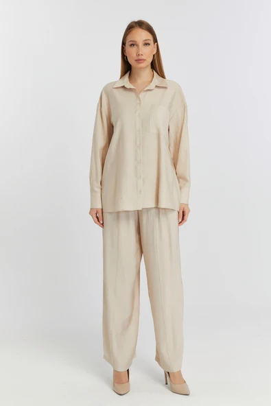 Kadın Bej Casual Oversize/Geniş Kalıp Gömlek - 5
