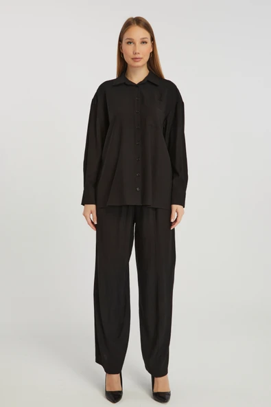 Kadın Siyah Casual Oversize/Geniş Kalıp Gömlek - 4