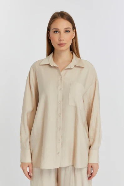 Kadın Bej Casual Oversize/Geniş Kalıp Gömlek - 4