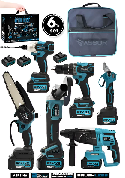 Assur Profesyonel 21V 2.0Ah Bez Çantalı Kömürsüz Darbeli 6'lı Set Mavi