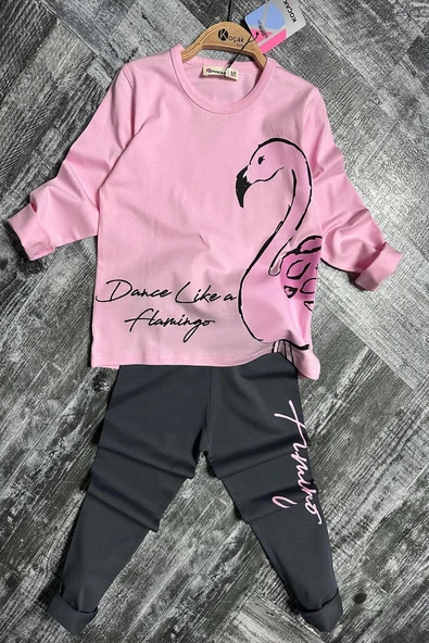 Flamingo Desenli Pembe Renk Kız Çocuk Taytlı Takım - 3