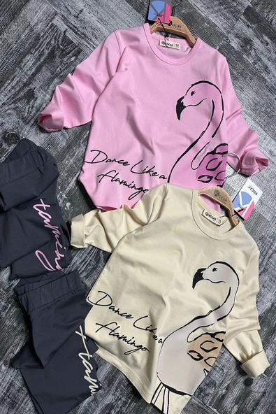 Flamingo Desenli Pembe Renk Kız Çocuk Taytlı Takım - 4