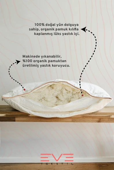 %100 Merinos Kuzu Yünlü Antialerjik Yıkanabilir Fermuarlı Doğal Yastık 50x70 Cm 900 Gr - 3