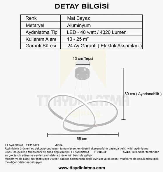 TT Aydınlatma TT310-BY  Trio Modeli Mat Beyaz Led Avize - Resim 4