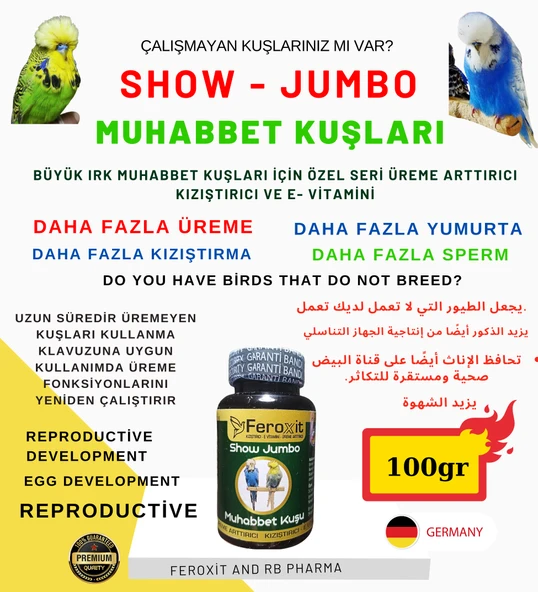 Show-Jumbo-Kızıştırıcı -E vitamini-Üreme Arttırıcı Muhabbet Kuşlarına Özel Seri 100 Gr