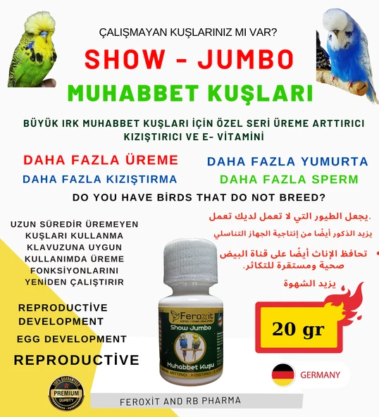 Show-Jumbo-Kızıştırıcı -E vitamini-Üreme Arttırıcı Muhabbet Kuşlarına Özel Seri 20 Gr
