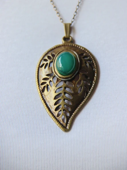 Yeşil Akik Doğal Taşlı Yaprak Desen Kadın Doğal Taş Otantik Uzun Kolye euk9ya - Resim 3
