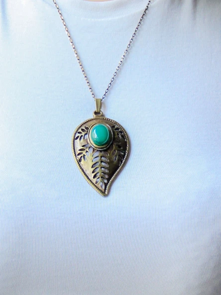 Yeşil Akik Doğal Taşlı Yaprak Desen Kadın Doğal Taş Otantik Uzun Kolye euk9ya ürün görseli