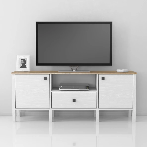 Venezia 2 Kapak 1 Çekmece Ahşap Ayaklı Tv 150 Cm Tv Ünitesi - Minifiksli - Atlantik Çam / Wood Beyaz - 2
