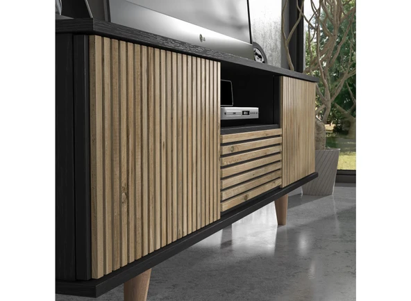 Nova  Zebra Kapak 180 Cm 2 Kapak 2 Çekmeceli Premium Tv Ünitesi - Minifiks - Wood Siyah / Atlantik Çam - 3