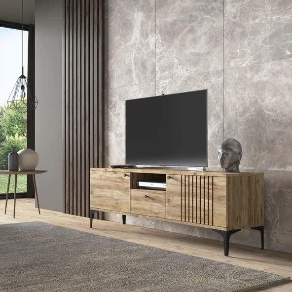 Elit Tv 150 Cm Çıta Kapaklı Metal Ayaklı Tv Ünitesi - Atlantik Çam / Siyah