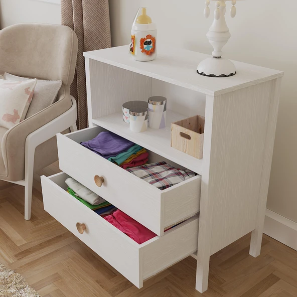 Venezia Baby 2 Çekmeceli Geniş Bölmeli Ahşap Ayaklı Şifonyer - Minifiks - Wood Beyaz - 4