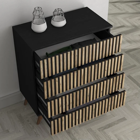 Nova Zebra Desen 4 Çekmeceli Premium Şifonyer - Minifiks - Wood Siyah / Atlantik Çam - 2