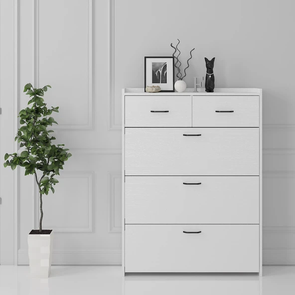 Melodi 3 Düşer Kapaklı 2 Çekmeceli Ayakkabılık - Wood Beyaz - 2