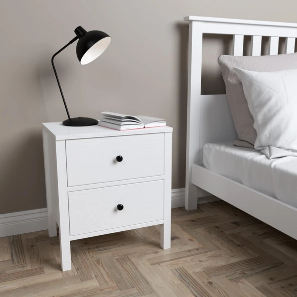 Venezia 2 Çekmeceli  Ahşap Ayaklı Premium Komodin - Minifiks - Wood Beyaz