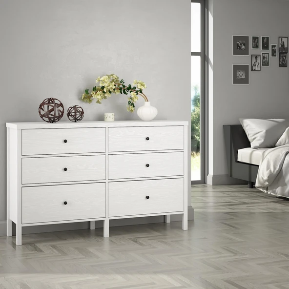 Venezia 6 Çekmeceli Geniş 154 Cm Ahşap Ayaklı Premium Şifonyer - Minifiks - Wood Beyaz